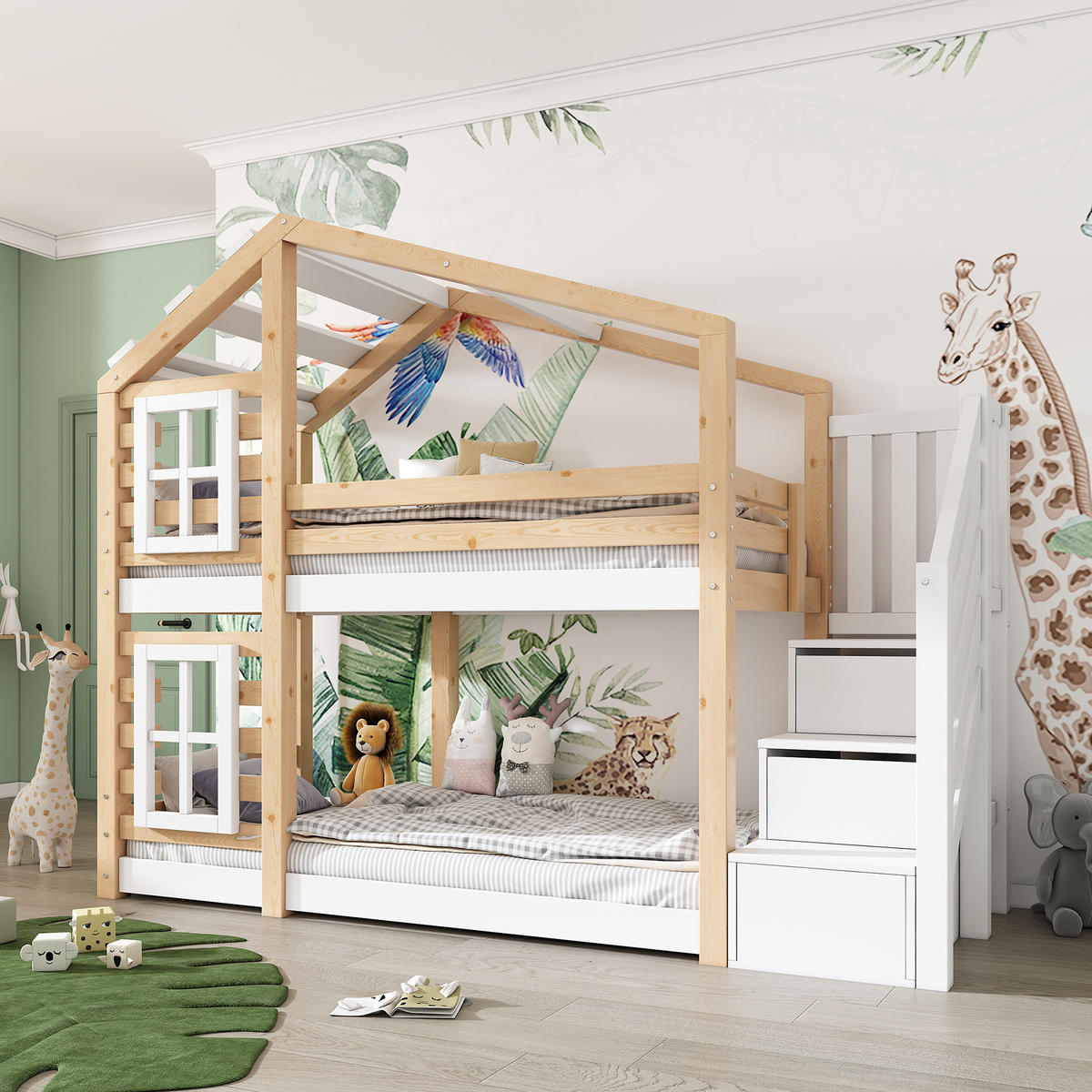 ETAGENBETT Baumhaus 90/200 cm mit Stauraum, Rausfallschutz und Treppenschrank - Naturfarben, Holzwerkstoff (90/200cm) - BEAOK