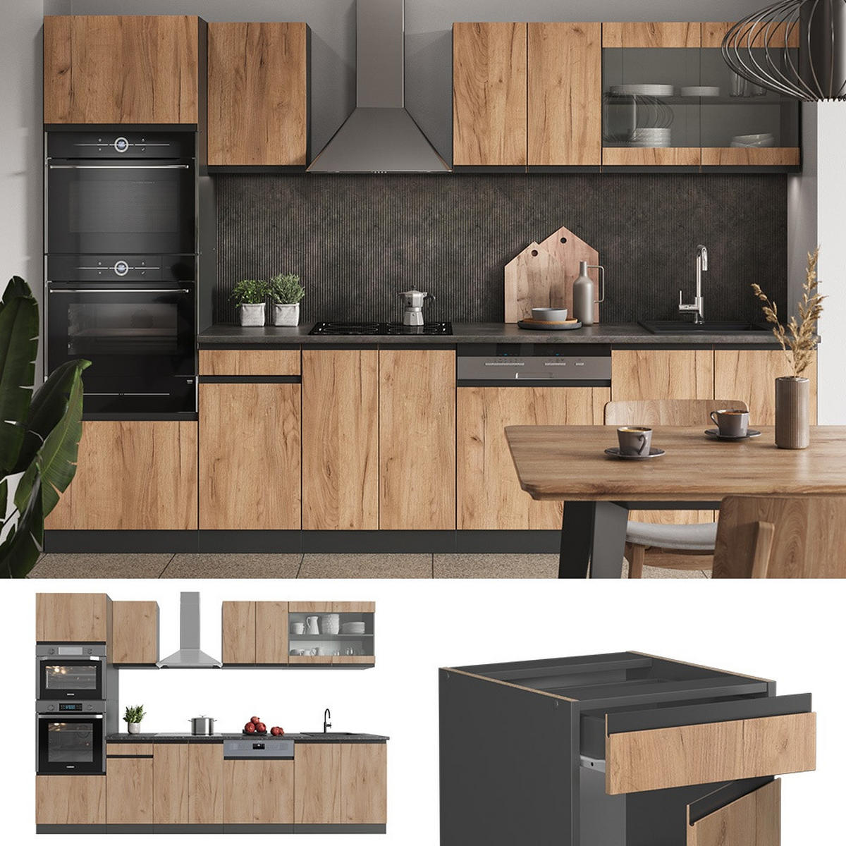 KUCHYNSKÝ KÚT R-Line Goldkraft dub/antracit 300 cm s vysokou skriňou, AP mramor - dub medový/antracitová, kompozitné drevo (300/206.8/60cm) - Vicco