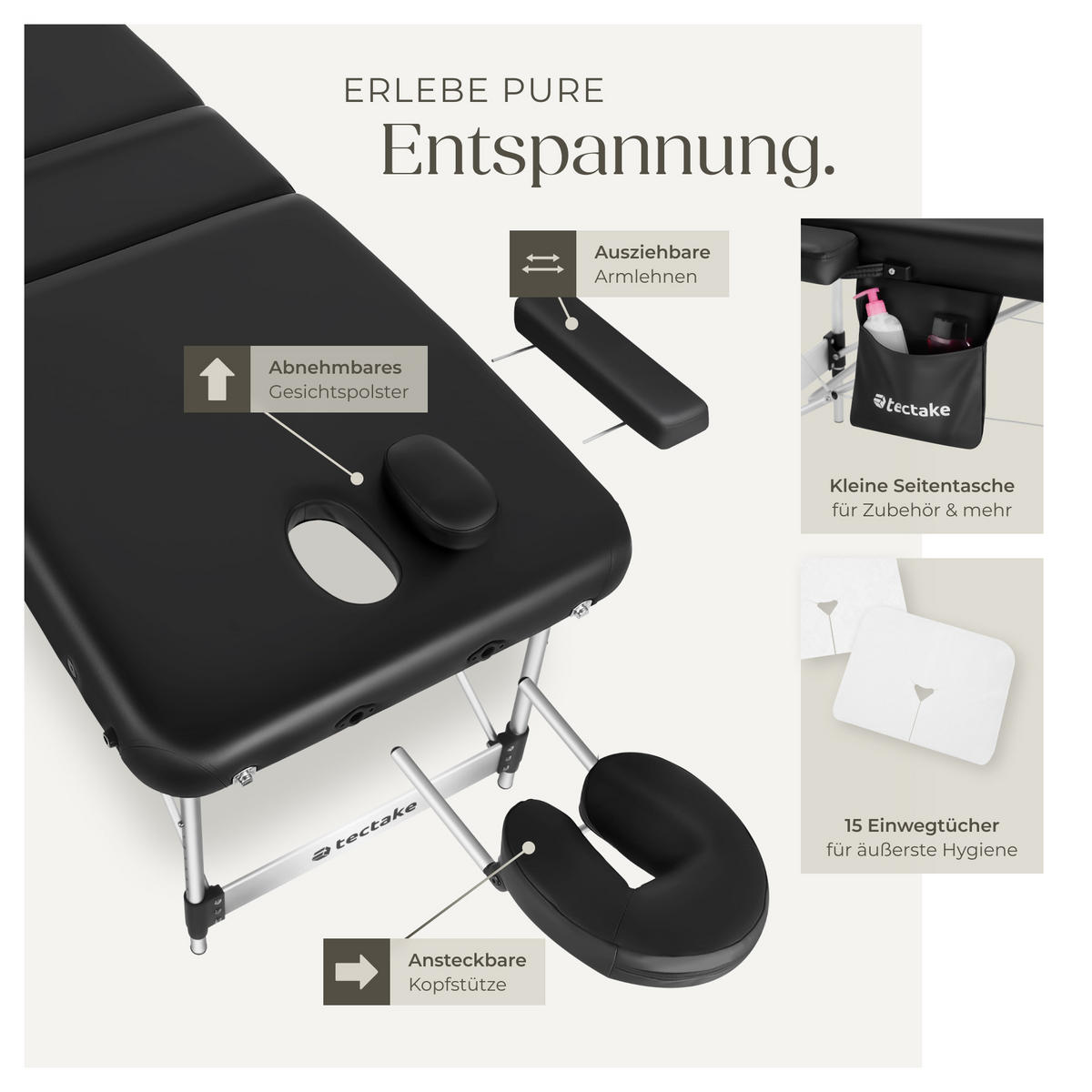 MASSAGELIEGE 3 Zonen Ko Tao,212 x 108 x 90 cm,schwarz - Schwarz, Metall (108/90/212cm) - tectake