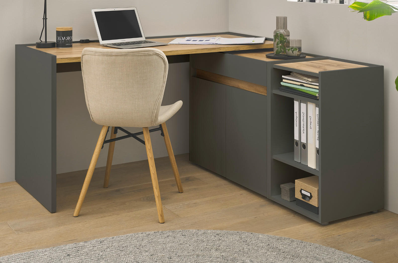 SCHREIBTISCHKOMBINATION 3-teilig grau matt, Eiche Wotan 143 cm, Büromöbel Set mit Aktenregal und Kommode - Eiche Wotan/Schwarz, Holzwerkstoff/Kunststoff (140/143/76cm) - Furn.Design