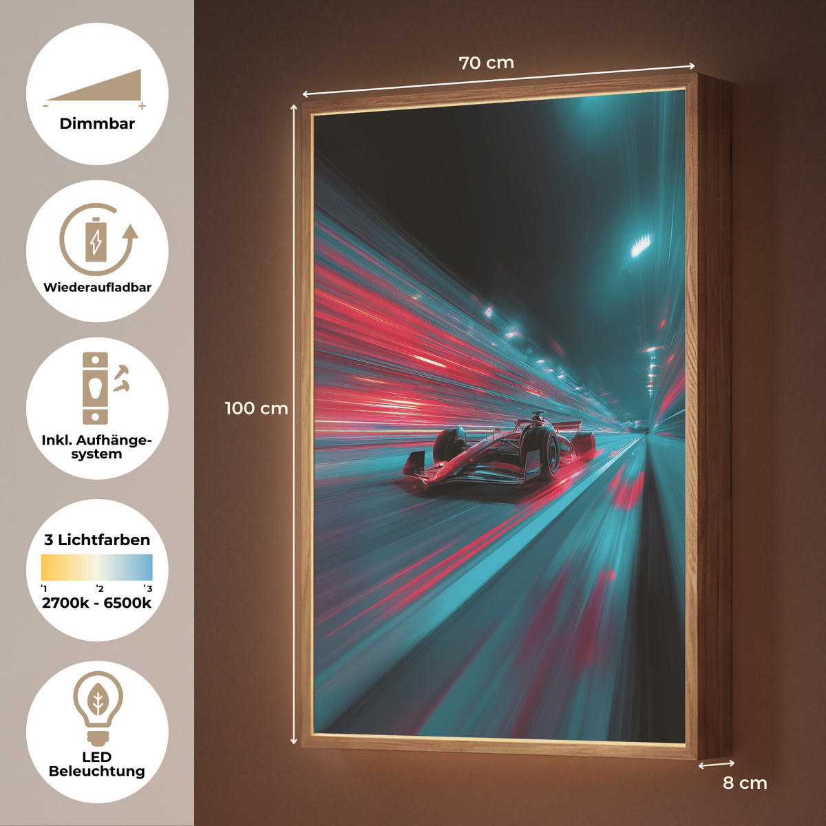 NÁSTĚNNÁ LAMPA S AKUMULÁTOREM Závodní auto - Červená - Rychlost 70x100 cm - tyrkysová, kompozitní dřevo (70/100/8cm) - OnlyWow