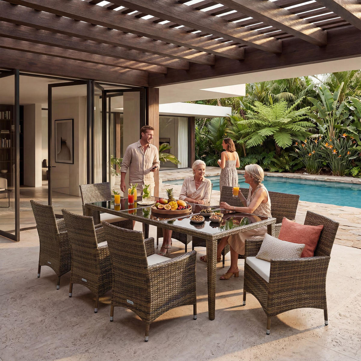 RATTAN-SITZGRUPPE aus Aluminium Menorca, inklusive Schutzhülle, natur - Naturfarben, Kunststoff - tectake