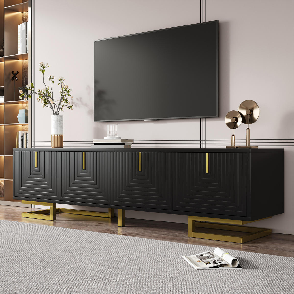 TV-ELEMENT160X38X44,5CM SchwarzStrukturiertes Lowboard mit Goldenen Beinen - Schwarz, Holz (47.12/25.78/93.35cm) - Raelunyi