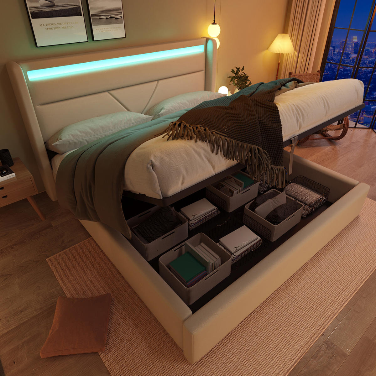 POLSTERBETT 160/200 cm Weiß mit LED-Beleuchtung und Stauraum - Weiß, Kunststoff (160/200cm) - OKWISH