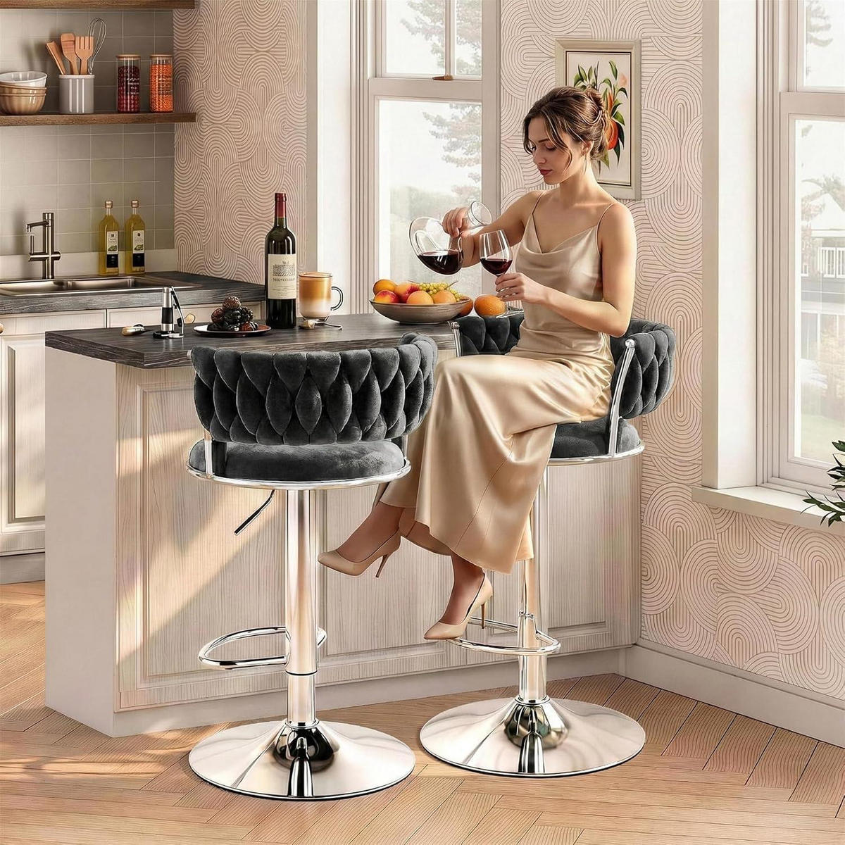 BARHOCKER 2er Set Samt Schwarz Höhenverstellbar - Schwarz, Textil (48/78/51cm)