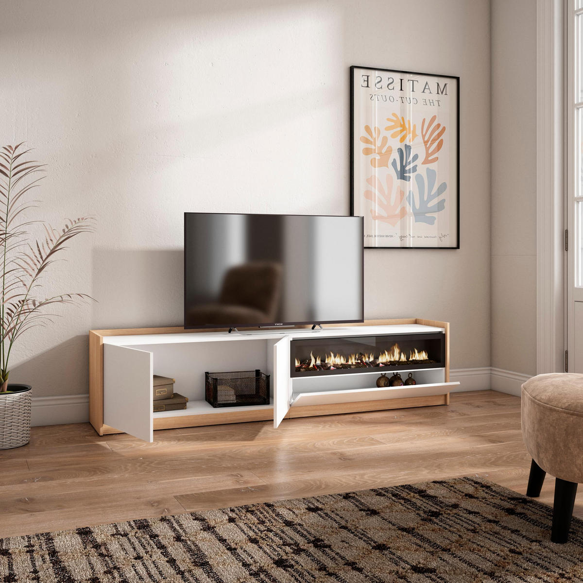 TV-SCHRANK, Lowboard, Weiß und Eiche Soft, Elektrokamin, 207/37/50cm - Weiß, Holzwerkstoff (207/50/37cm) - Skraut Home