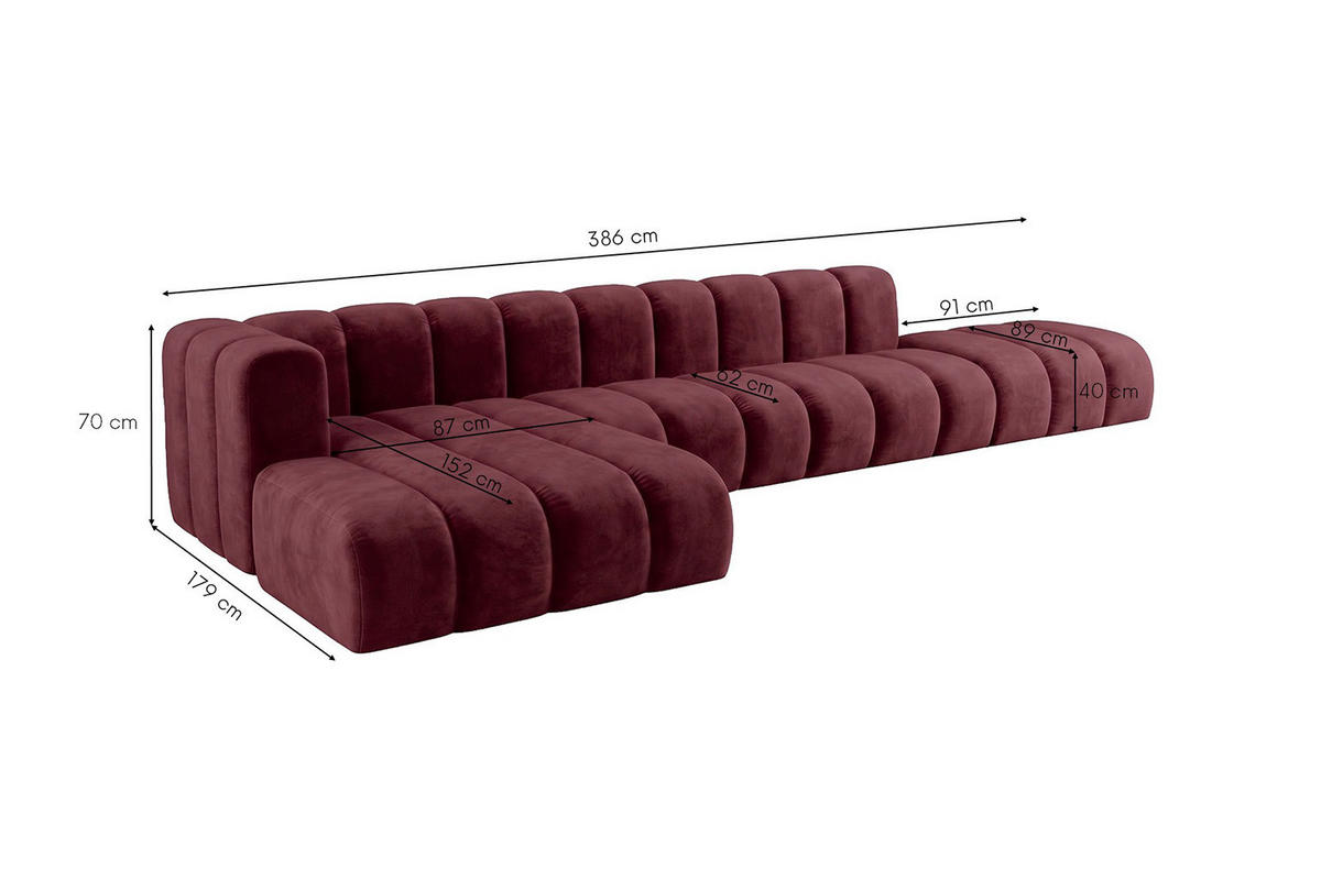 ECKSOFA Modulares In L-Form Mit Hocker, Velvet-Stoff Riviera, Rotwein, Links, GRAND - Dunkelrot, Holz (386/179cm) - Kaiser Möbel