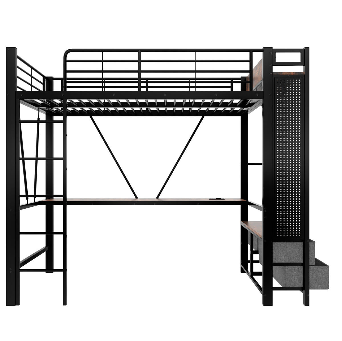 HOCHBETT 90/200 cm aus Metall mit Schreibtisch, LED, USB-C, 4 Schubladen und Regalen, Schwarz - Schwarz, Metall (90/200cm) - Redom
