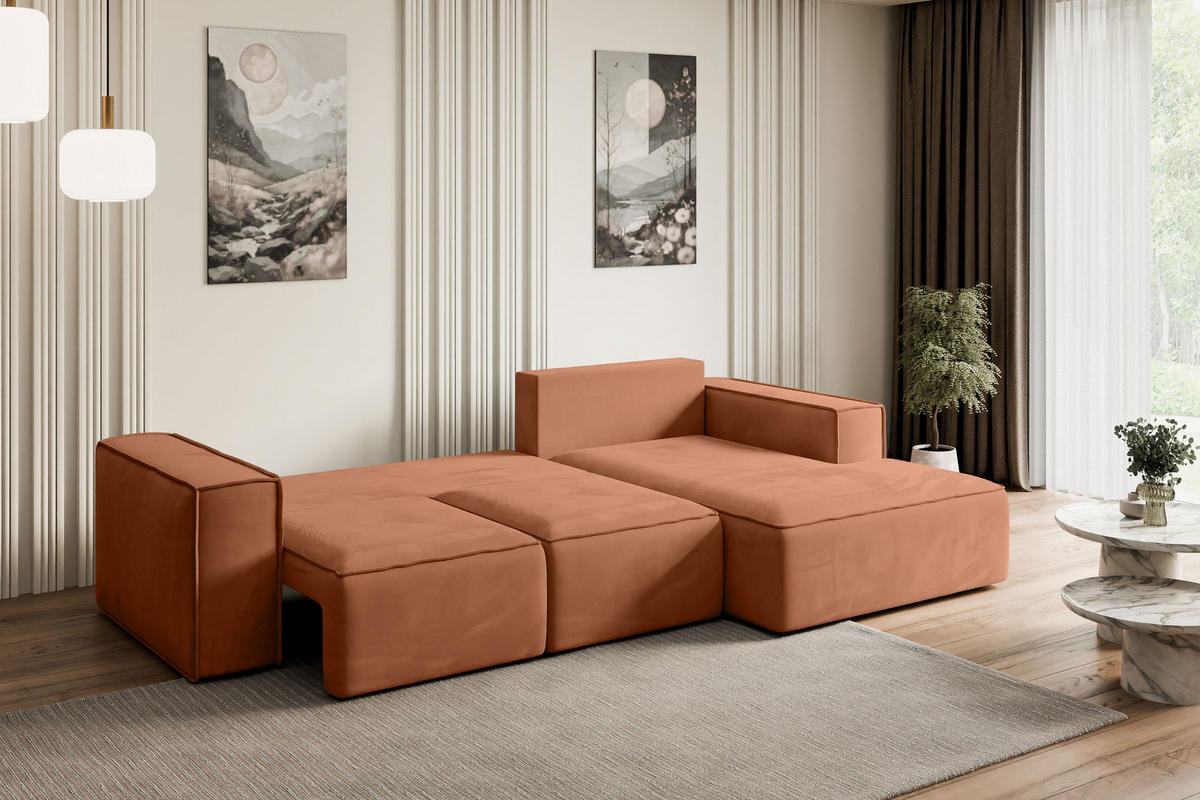 ECKSOFA mit Schlaffunktion und Bettkasten SERRA-L-S - 266x161x87 cm Apricot Velours - Koralle/Schwarz, Holzwerkstoff/Kunststoff (266/161cm) - ALTDECOR
