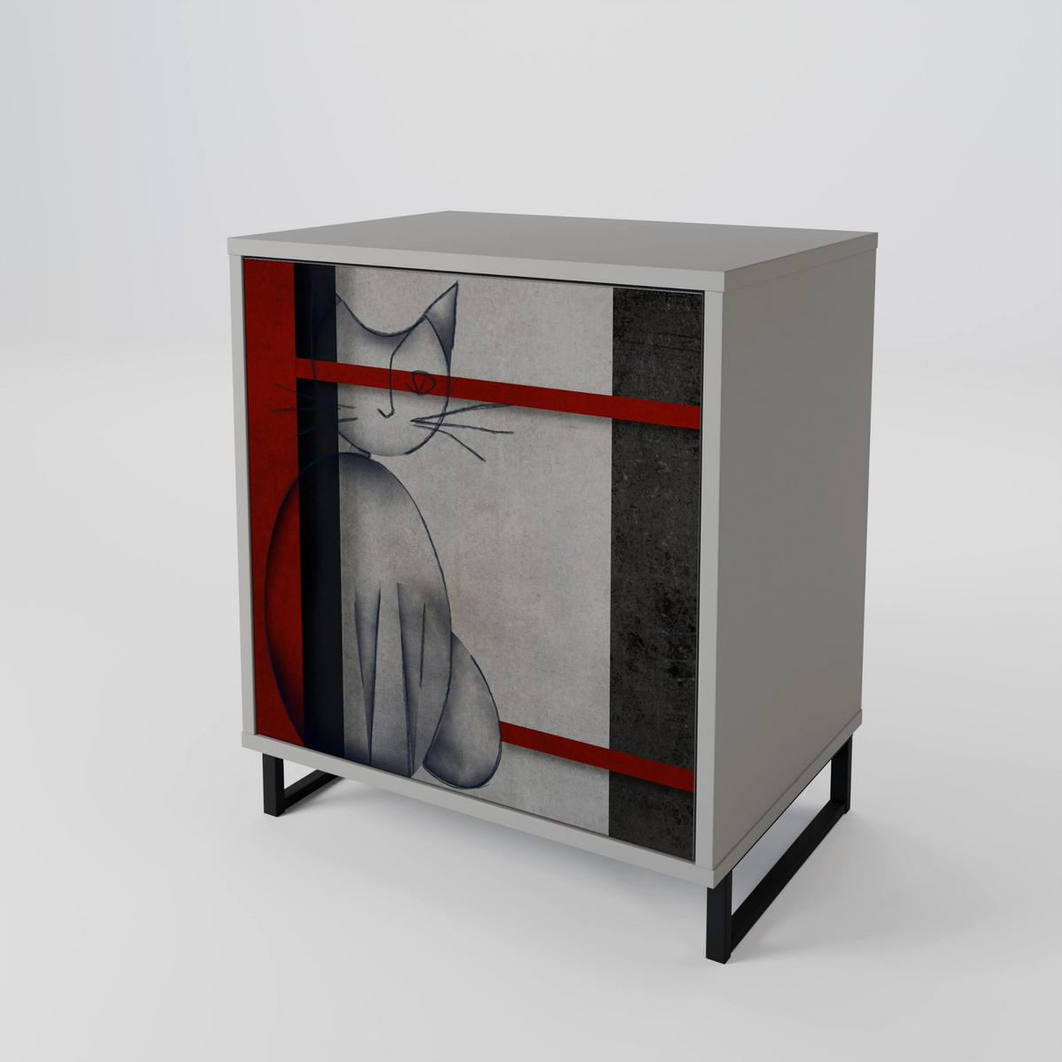 SIDEBOARD GRAY FIGURES, Grau, 57,5x42x72,5 cm, Schwarze Metallfüße - Multicolor/Schwarz, Holzwerkstoff/Metall (57.5/72.5/42cm) - SpaceRebels
