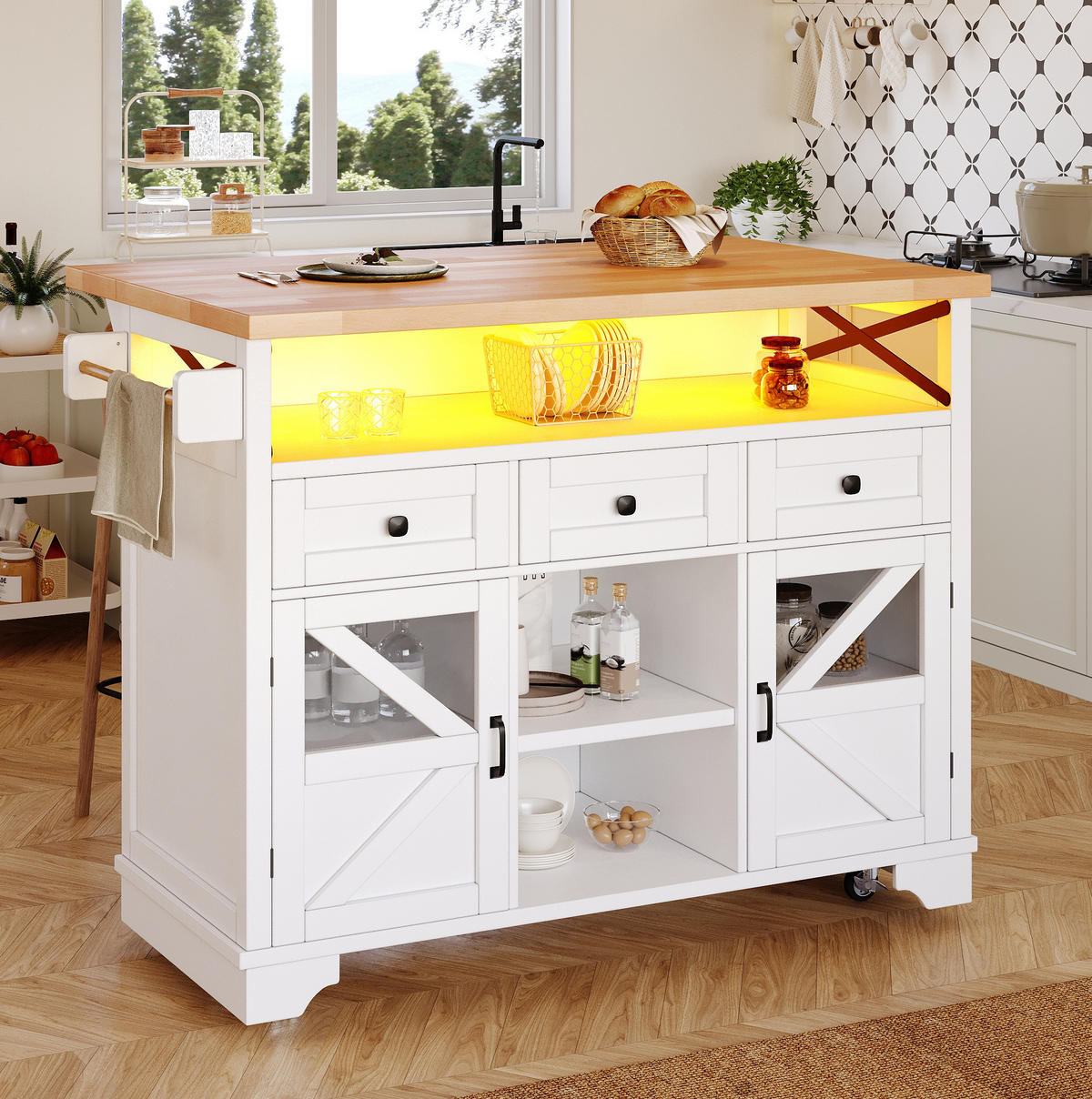 KUHINJSKI voziček 120/43/98 cm iz MDF z LED osvetlitvijo, zložljivo ploščo in steklenimi vrati, Bela - bela, leseni material (120/98/43cm) - Redom