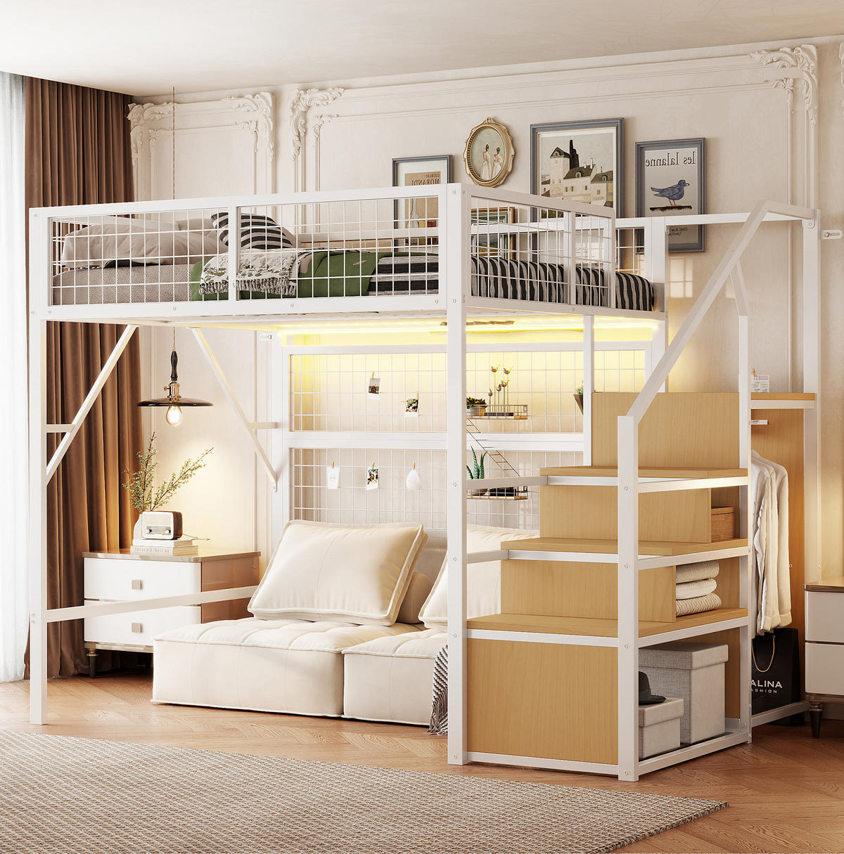 HOCHBETT aus Metall und MDF 140x200 cm Weiß mit app-gesteuerter LED-Beleuchtung, Stauraumtreppe und Kleiderschrank - Weiß, Metall (140/200cm) - Modfu