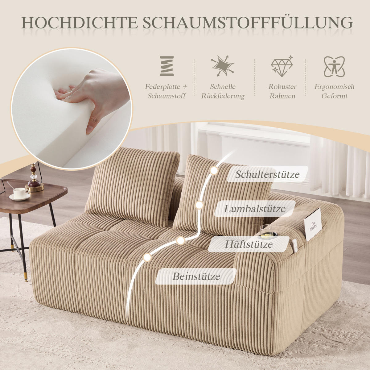 2-SITZER 158/93/61 cm Khaki aus Cordstoff mit Seitenfächern und Becherhaltern - Sandfarben, Textil (93/61/158cm) - OKMYHOME