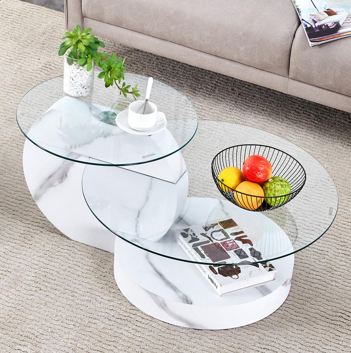 COUCHTISCH 90/70/44 cm mit Sicherheitsglas und mehrstufigen Ablagen, Transparent/Weiß - Weiß, Holzwerkstoff (90/70/44cm) - Redom