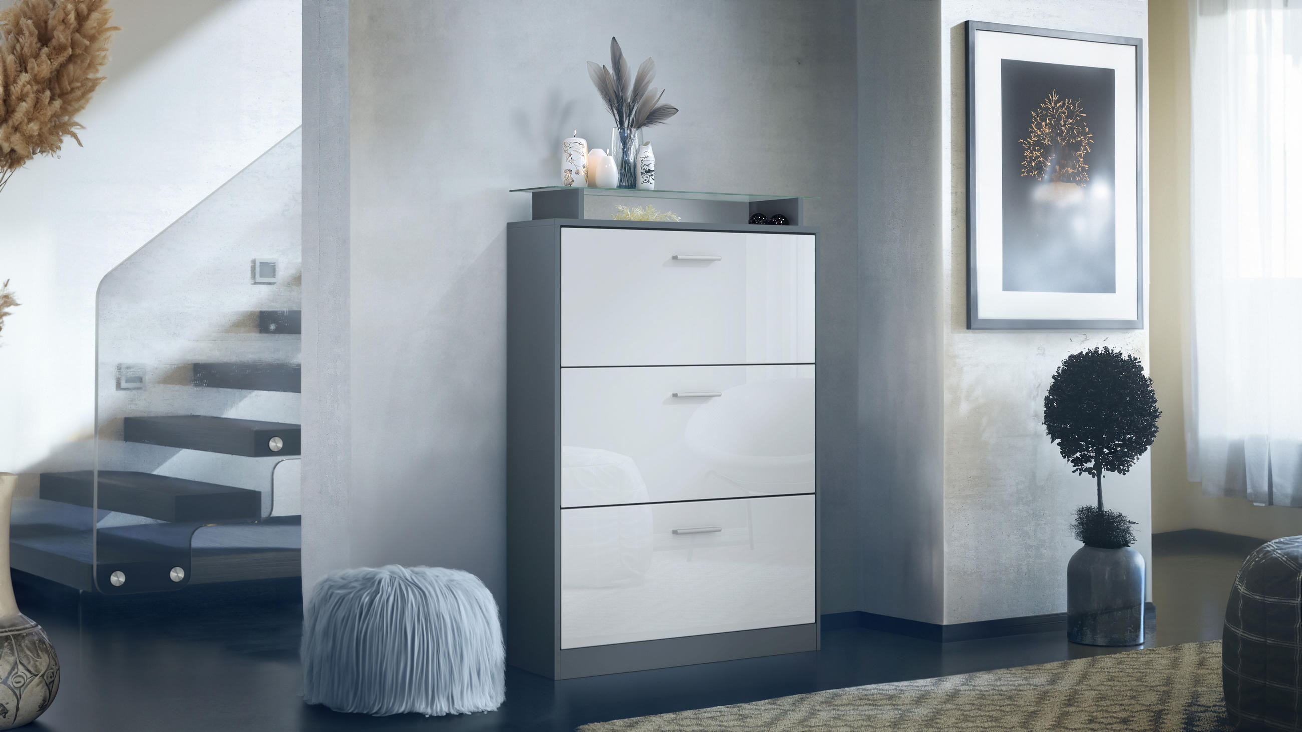 SCHUHSCHRANK Lavia Front in Weiß Hochglanz - Weiß Hochglanz, Holzwerkstoff (89/128/23cm) - Vladon