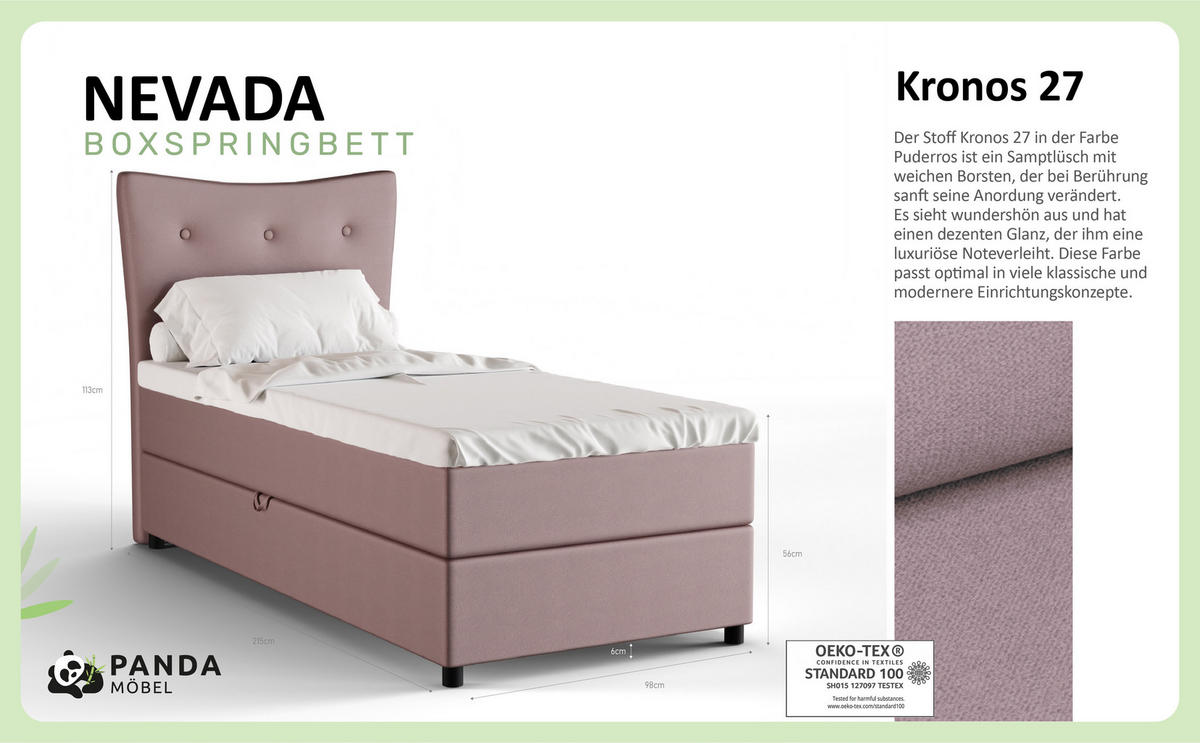 BOXBETT Nevada 90x200 cm Polsterbett mit hochwertiger Bonell-Matratze und Topper - rosa - Rosa, Holz (90/200cm) - Panda Möbel