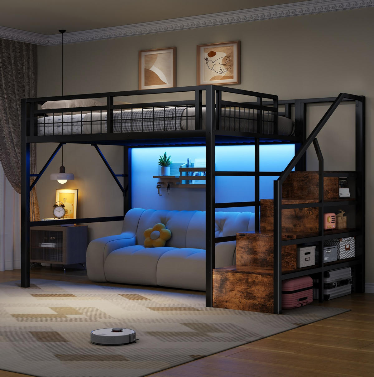 HOCHBETT 140/200 cm mit LED-Lichtleiste, Stauraumtreppe und offenem Freiraum, Schwarz - Schwarz, Metall (140/200cm) - Redom
