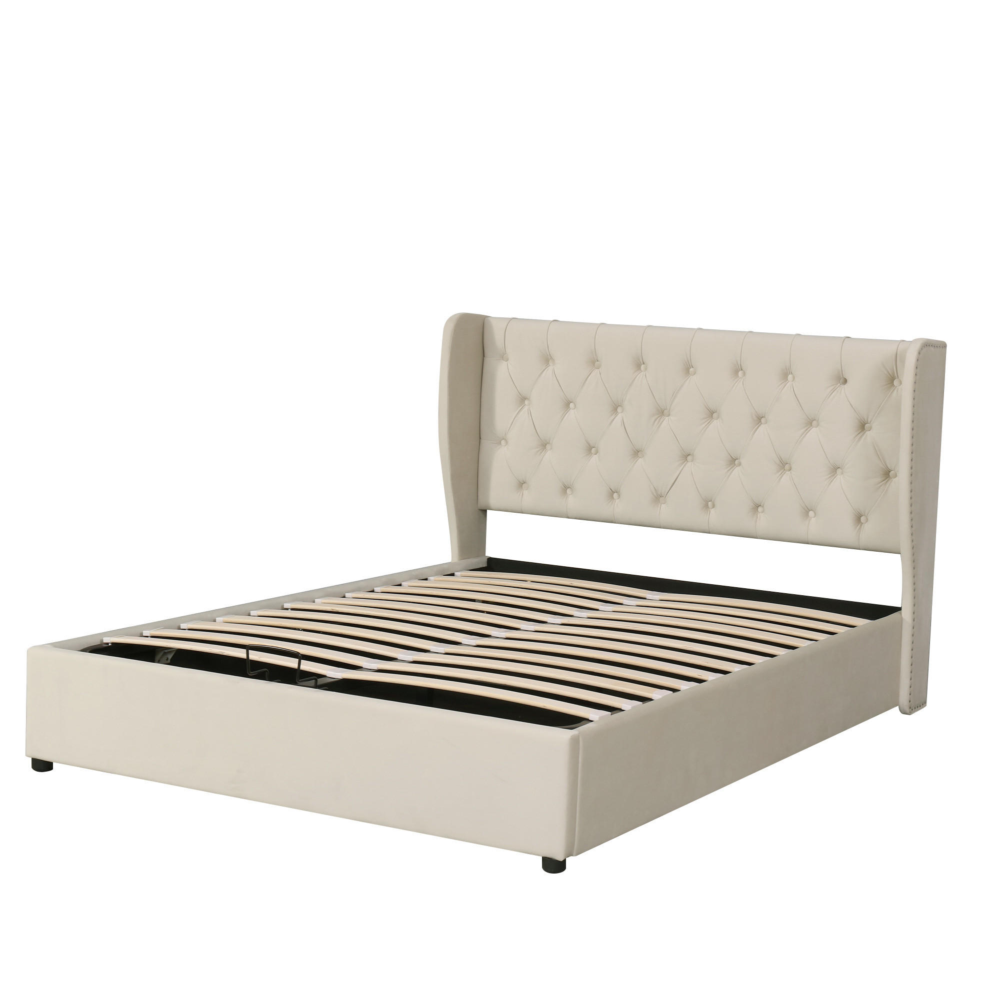 Modfu ČALOUNĚNÁ postel ze sametu 160x200 cm béžová s lamelovým roštem a hydraulickým úložným prostorem Chesterfield