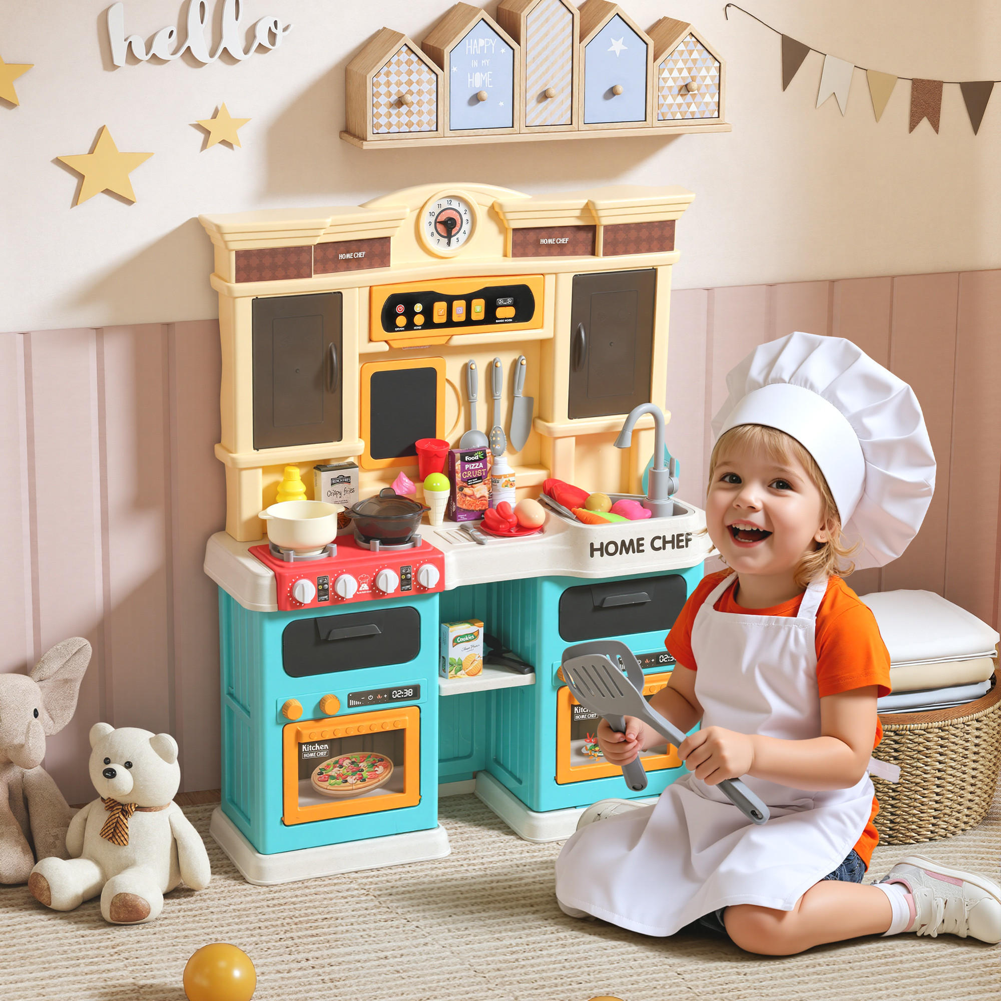 SPIELKÜCHE mit fließendem Wasser, 85-teiliges Zubehör, elektrischer Wasserhahn - Grün, Kunststoff (24/66cm) - AIYAPLAY