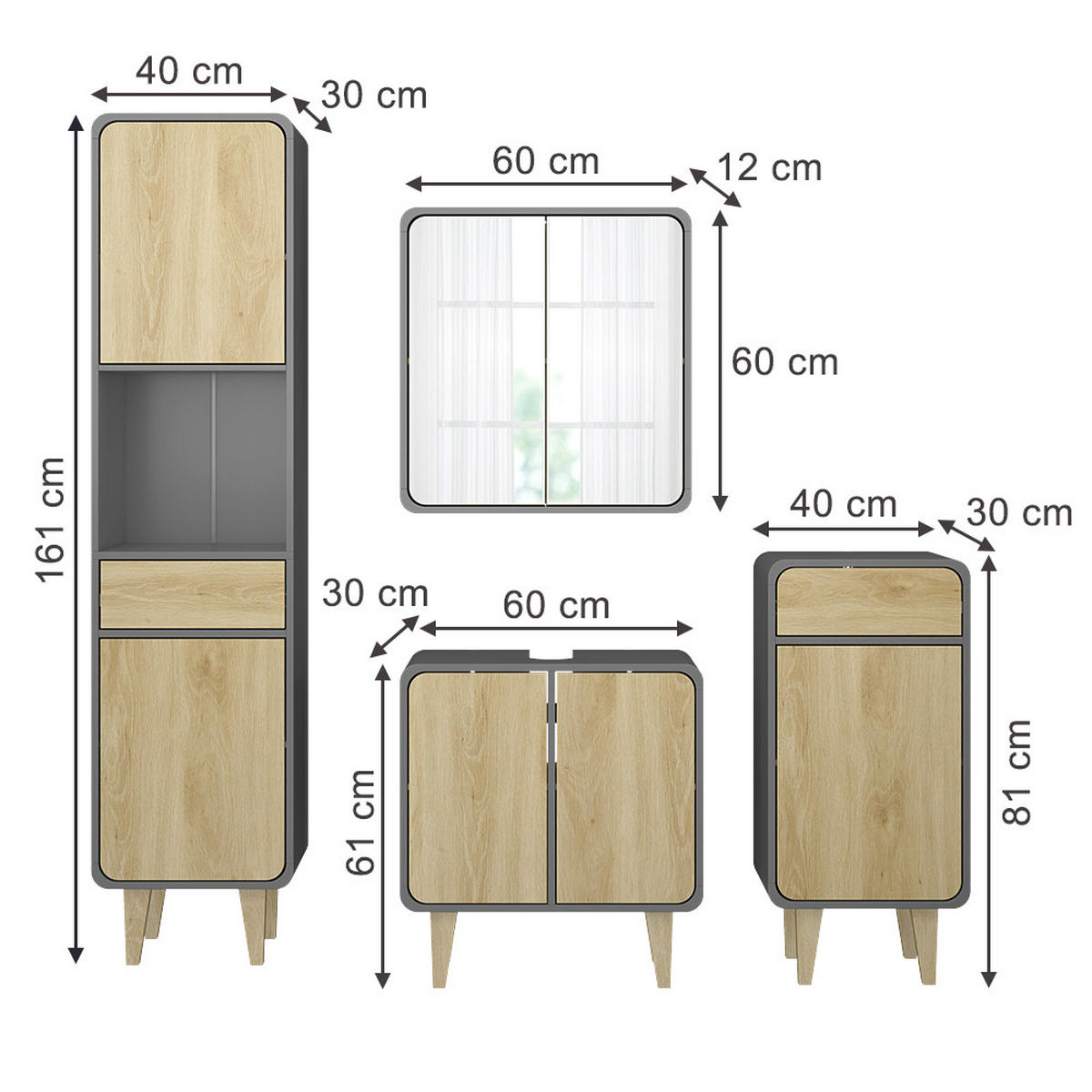 KOUPELNOVÝ NÁBYTEK Arla Antracit/dub - antracitová/barva dubu, kompozitní dřevo (60/61/30cm) - Vicco