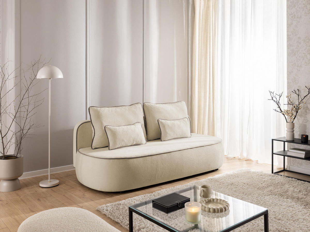 SCHLAFSOFA Vero im modernen und abgerundeten Design mit Bettkasten aus Beige Plüschstoff mit tauper Paspel - Beige/Schwarz, Holz/Kunststoff (210/90/98cm) - S-Style Möbel