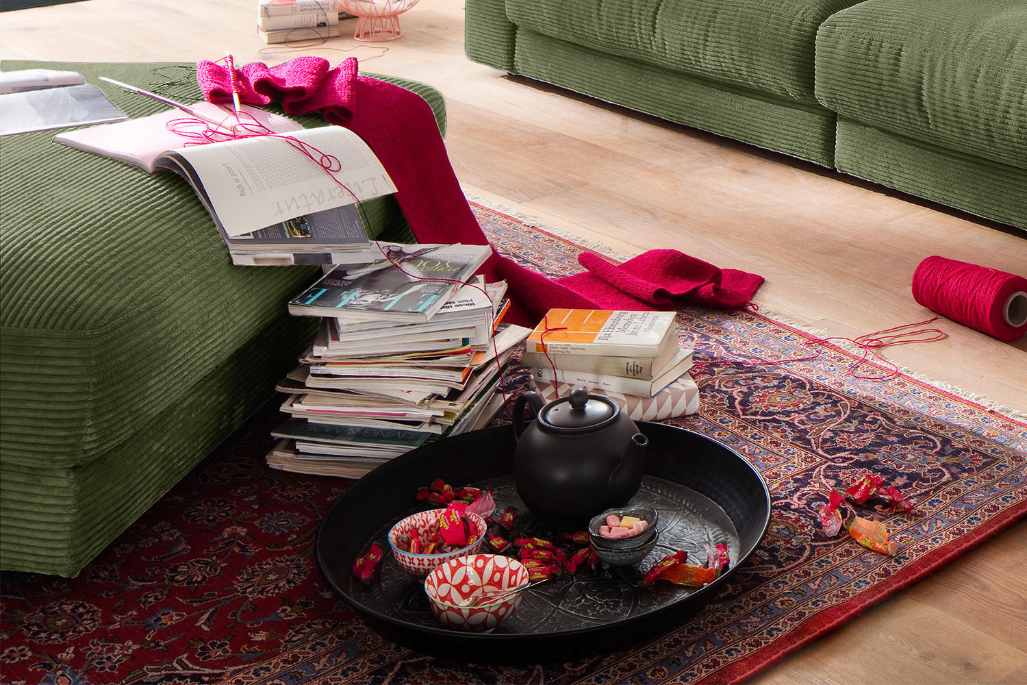 Thumbnail - Kawola Big, Grün, Textil, Rechteckig, 120x43x120 cm, Wohnzimmer, Hocker, Sitzhocker