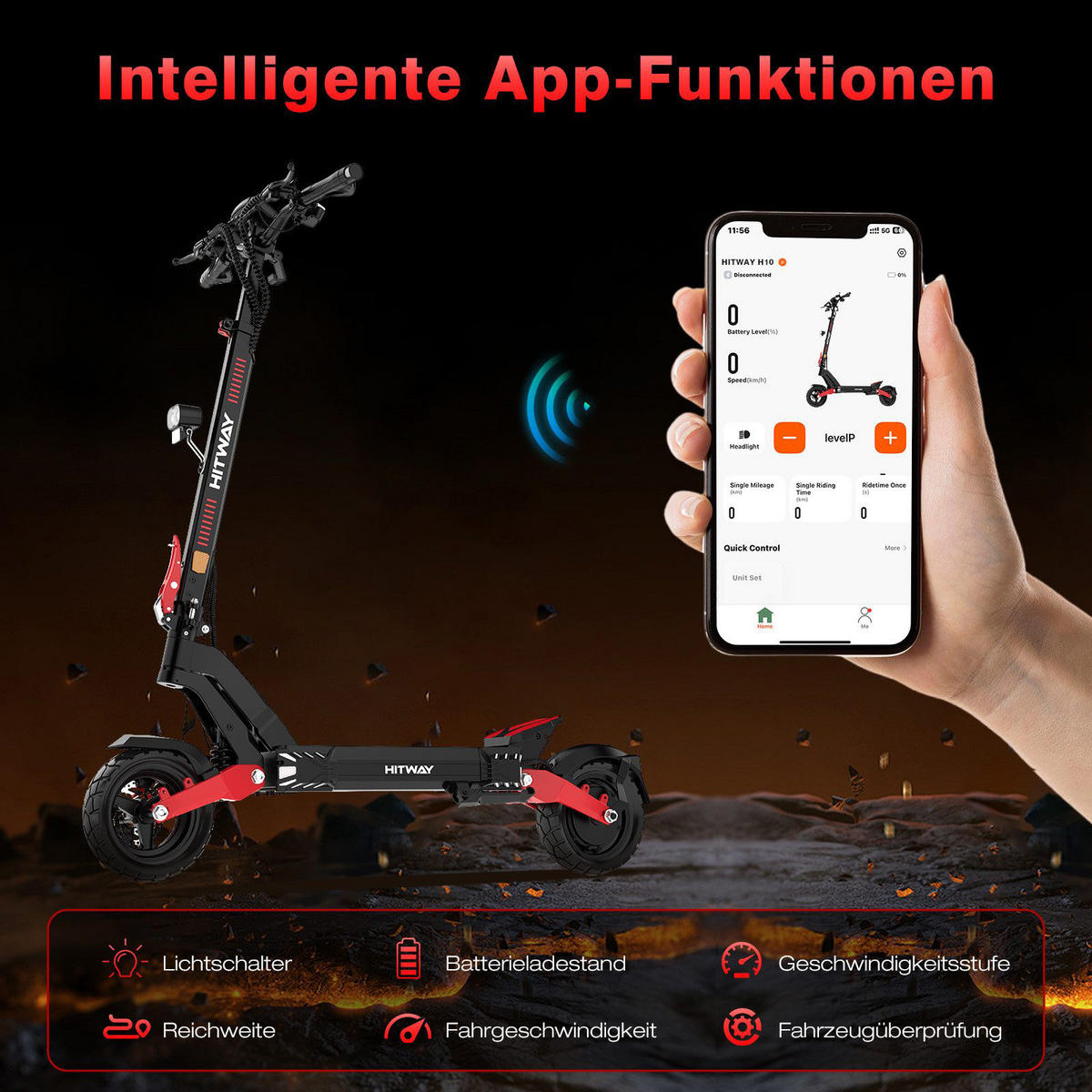 E-SCOOTER H10 ABE 20,8Ah Max 90km - Schwarz, Metall (68/140/125cm) - HITWAY