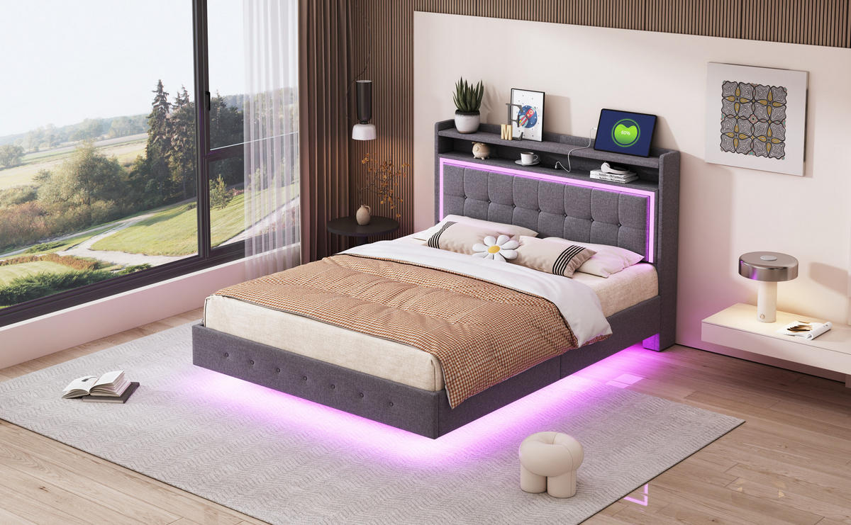 POLSTERBETT 140/200 cm in Grau Leinen mit LED, USB und Ablage - Grau, Holzwerkstoff/Textil (140/200cm) - WISHDOR