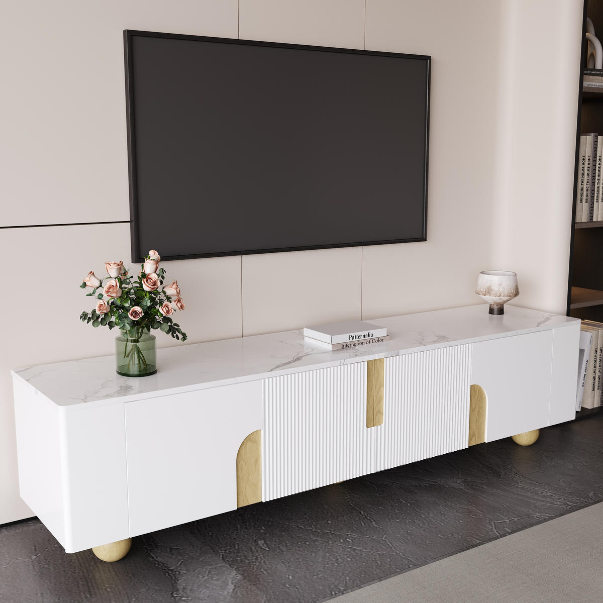 LOWBOARD in Weiß und Naturfarben TV-Schrank mit 4 Türen für Wohnzimmer, B180/T40/H44 cm - Naturfarben/Weiß, Holz/Holzwerkstoff (180/44/40cm) - STILVORA