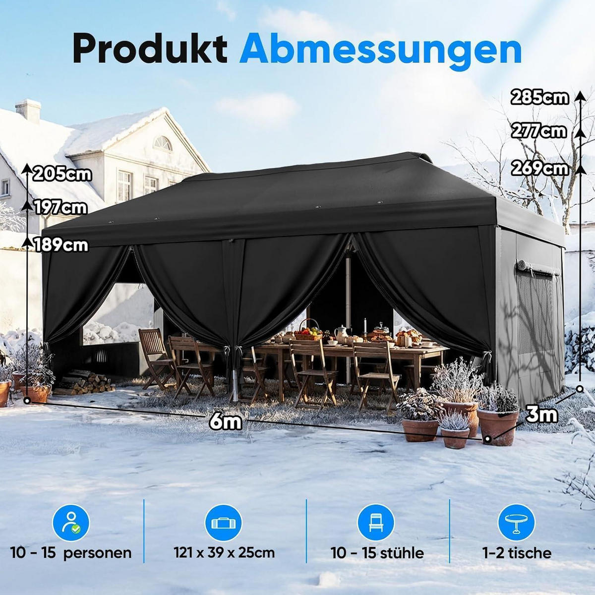 FALTPAVILLON 3x6m mit Seitenwänden und Insektenschutz schwarz - Schwarz, Textil (585/285/293cm)