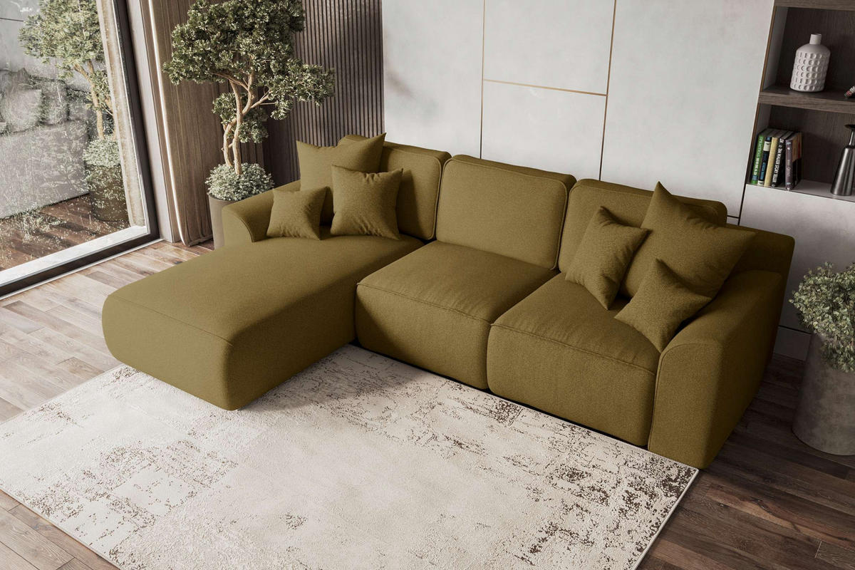 ECKSOFA GUSTO Strukturstoff Olivgrün Links inkl. Schlaffunktion - Chromfarben/Olivgrün, Kunststoff/Textil (194/295cm) - 99rooms