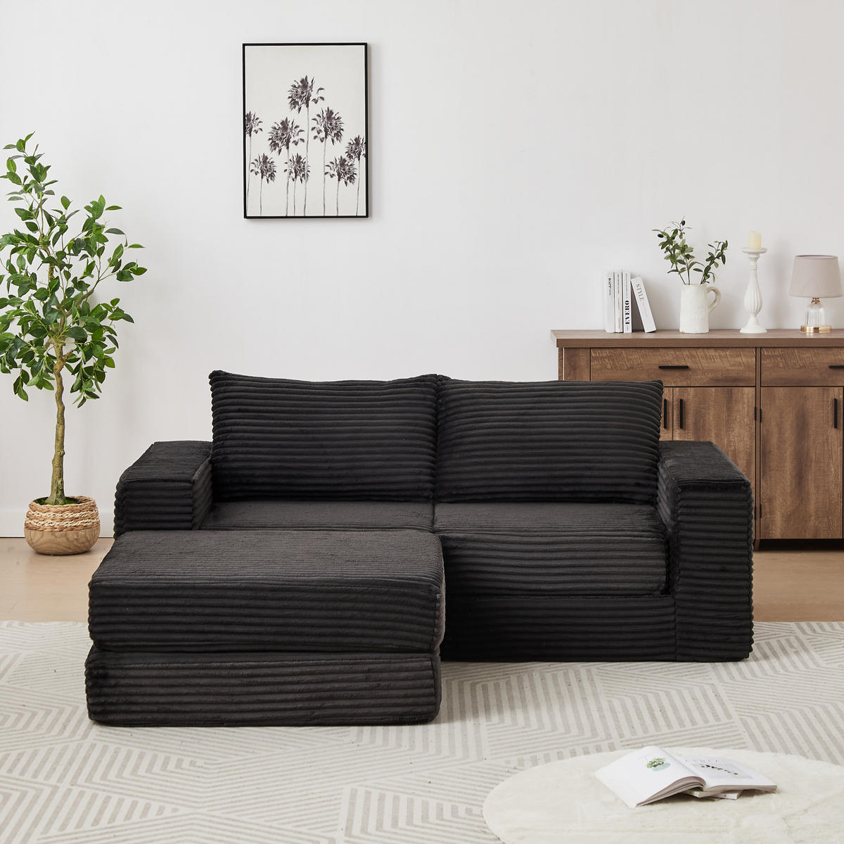 SOFA-BETT modular Cord Black mit beweglicher Fußstütze - Schwarz, Kunststoff (169.5/194cm) - Meubliv