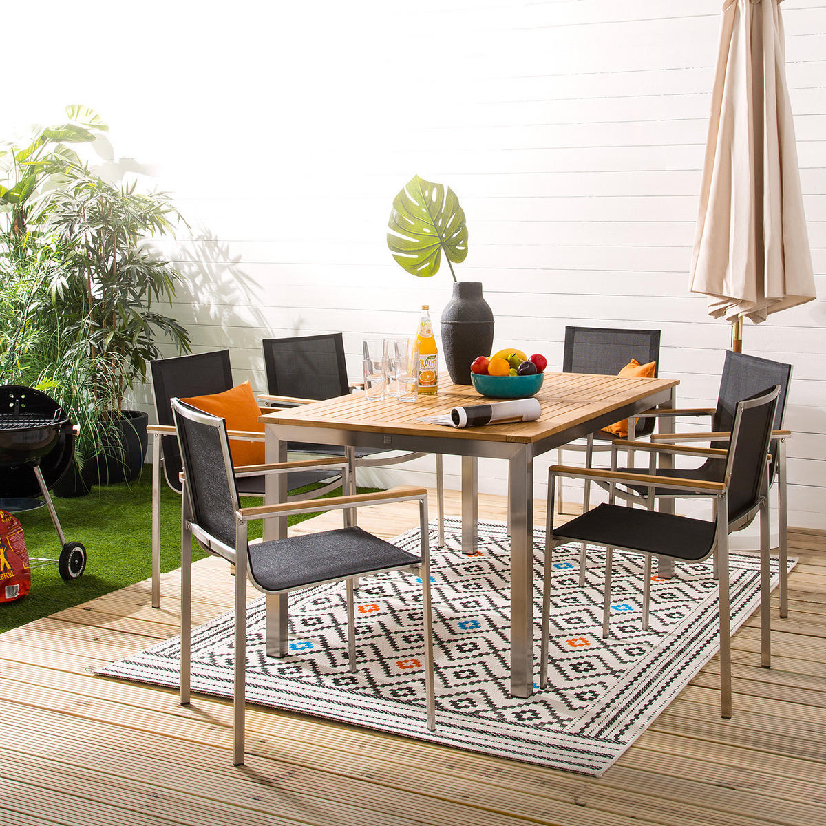 GARTENTISCH - Teak massiv / Edelstahl - Ausziehfunktion - Silberfarben/Braun, Holz/Metall (90/150/75cm) - home24