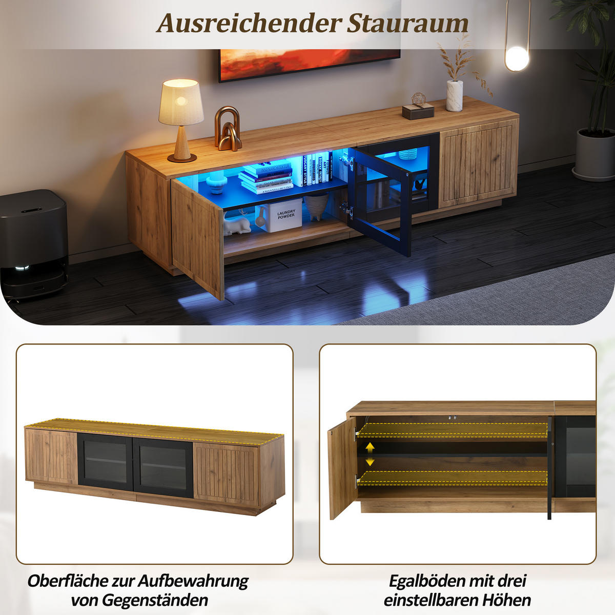 TV LOWBOARD 180cm 75 Zoll LED Glas Naturholz Schwarz modern - Naturfarben, Holzwerkstoff (40/45/180cm) - FLIEKS