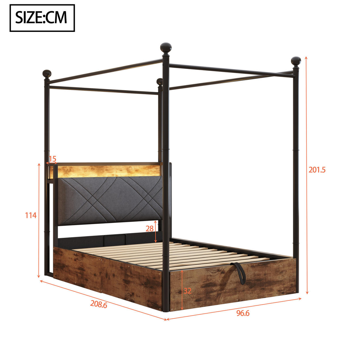 METALLBETT aus Metall 90x190 cm Schwarz mit LED, USB-/Typ-C und hydraulischem Bettkasten - Schwarz, Metall (90/190cm) - Modfu