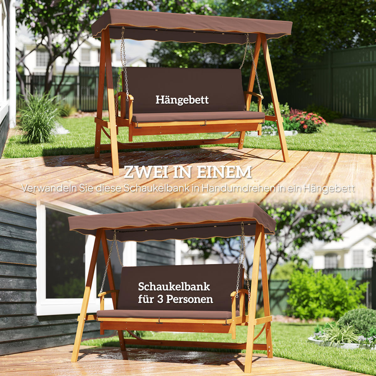 HOLLYWOODSCHAUKEL DE-07043 3-Sitzer, Echtholz, mit Liegefunktion Braun - Braun, Holz (236/181/130cm) - ComfortXL