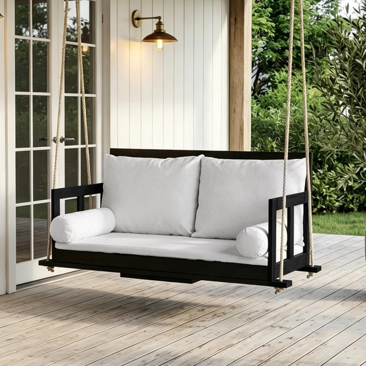 HOLLYWOODSCHAUKEL Hängeschaukel Schaukel-Doppelsitz für den Garten im Freien - Schwarz/Weiß, Holz/Textil (136/65/63cm) - STILVORA