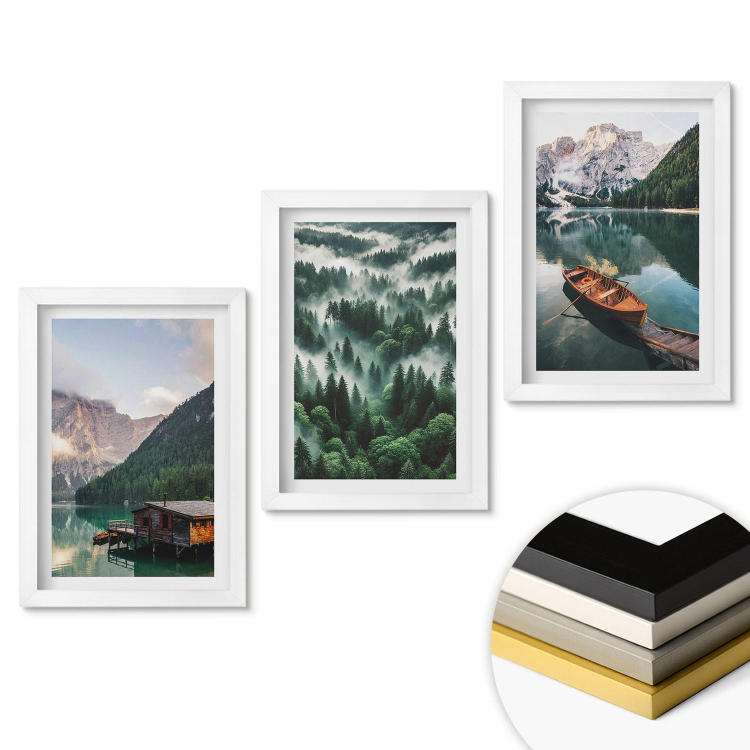 WANDBILDER 3er-Set - 20x30 cm Weißer Rahmen - Bergsee, Boot, Waldnebel - Weiß, Kunststoff (20/30cm) - ArtPrintCave