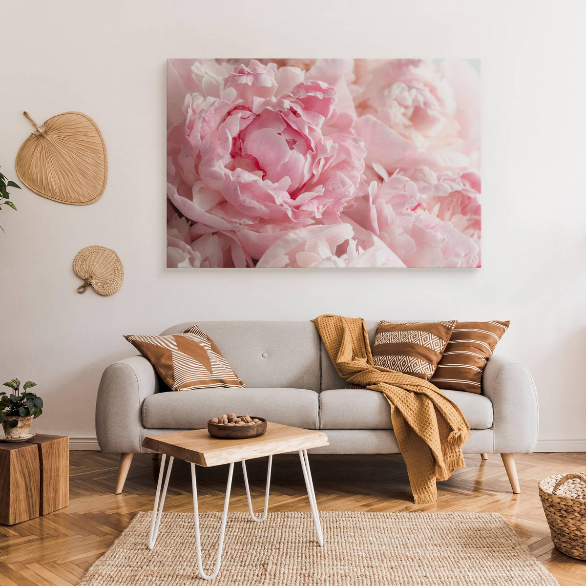 LEINWANDBILD Pfingstrosen Blumen 3D Pflanzen Natur 90x60 - Weiß/Rosa, Textil (90/60cm) - Muralo