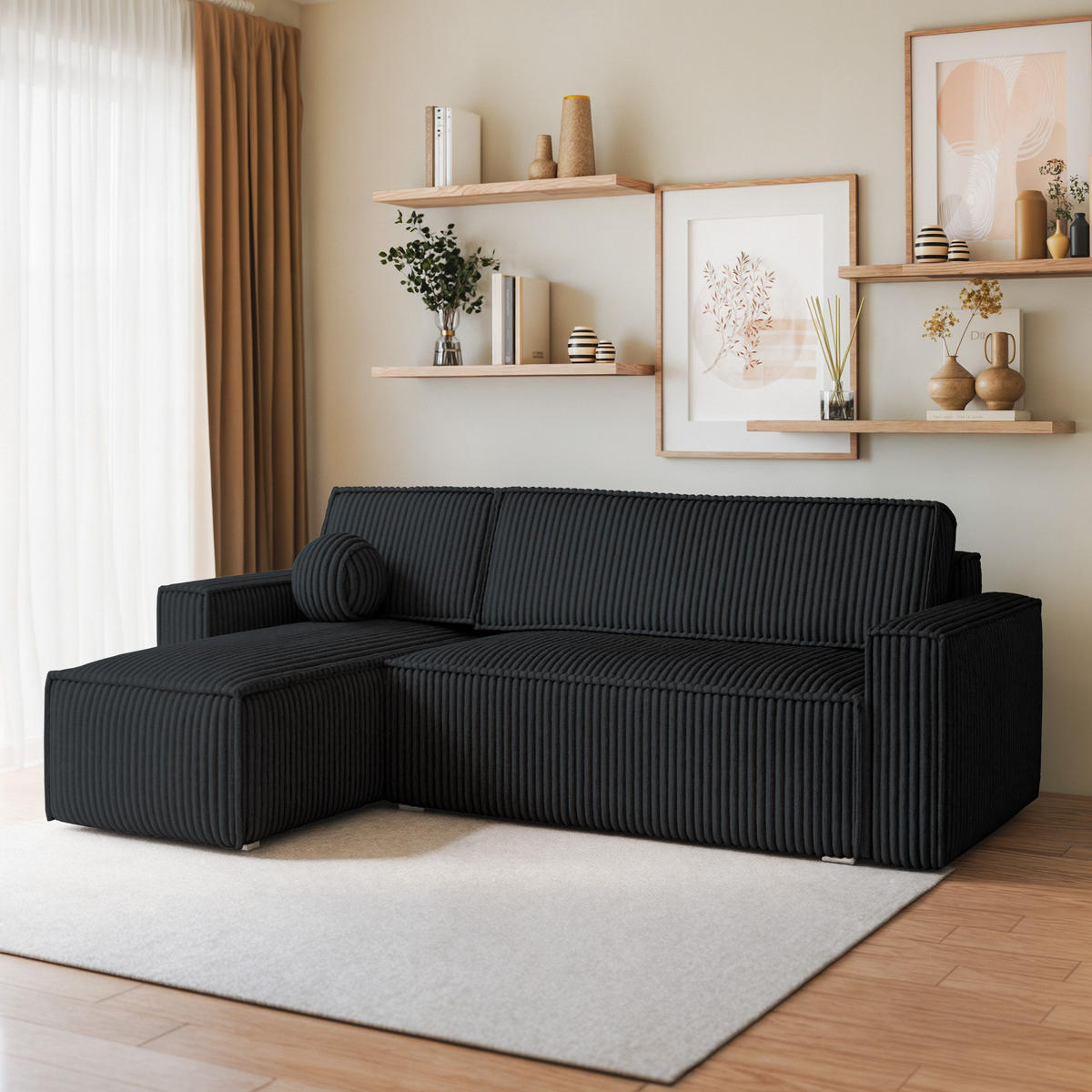ECKSOFA RAVELO T Schwarz Kordstoff mit Schlaffunktion - Schwarz, Holz (240/140cm) - MASSENO