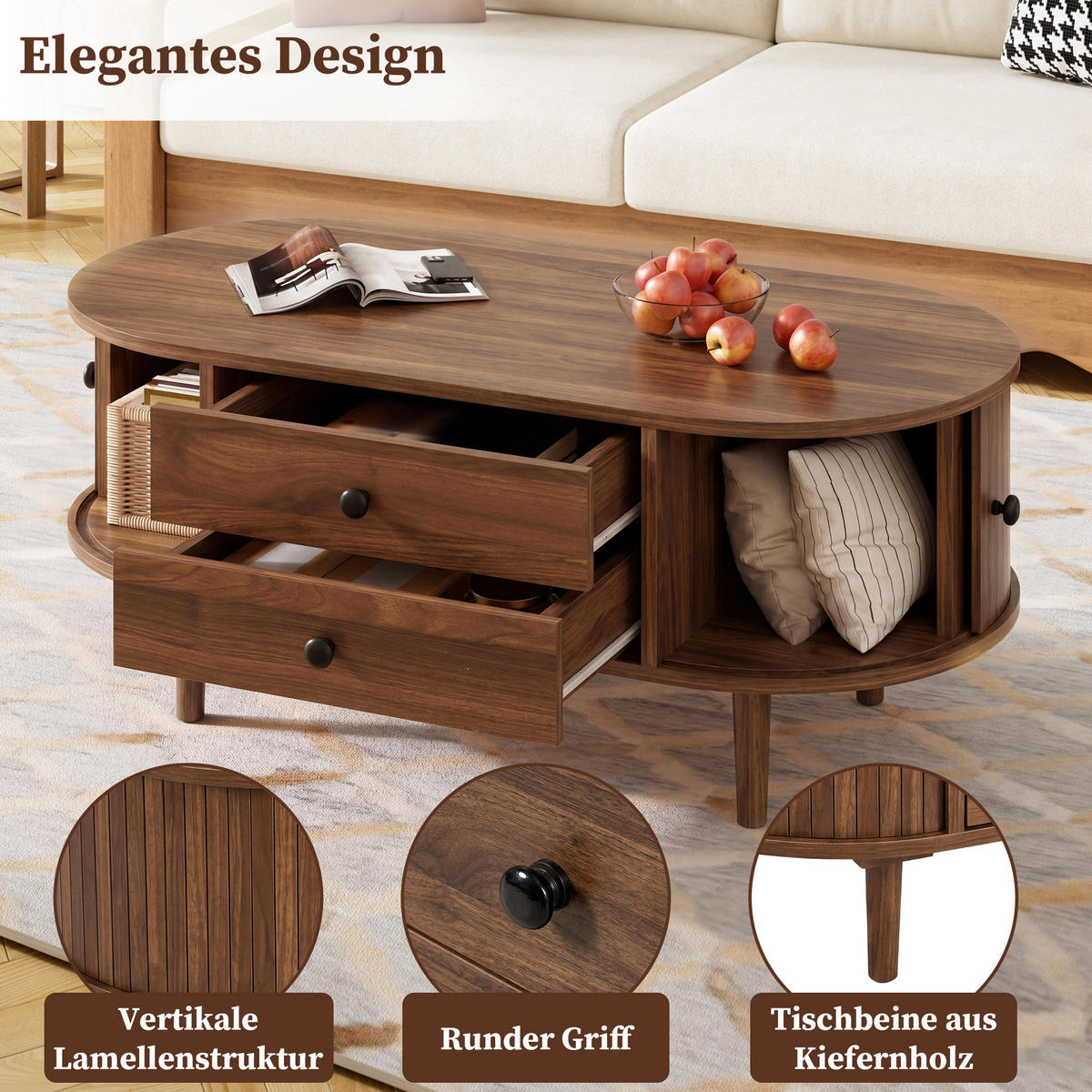 COUCHTISCH Oval Leisten Schiebetüren 2 Schubladen MDF - Walnussfarben, Holzwerkstoff (100/50/40cm) - FLIEKS