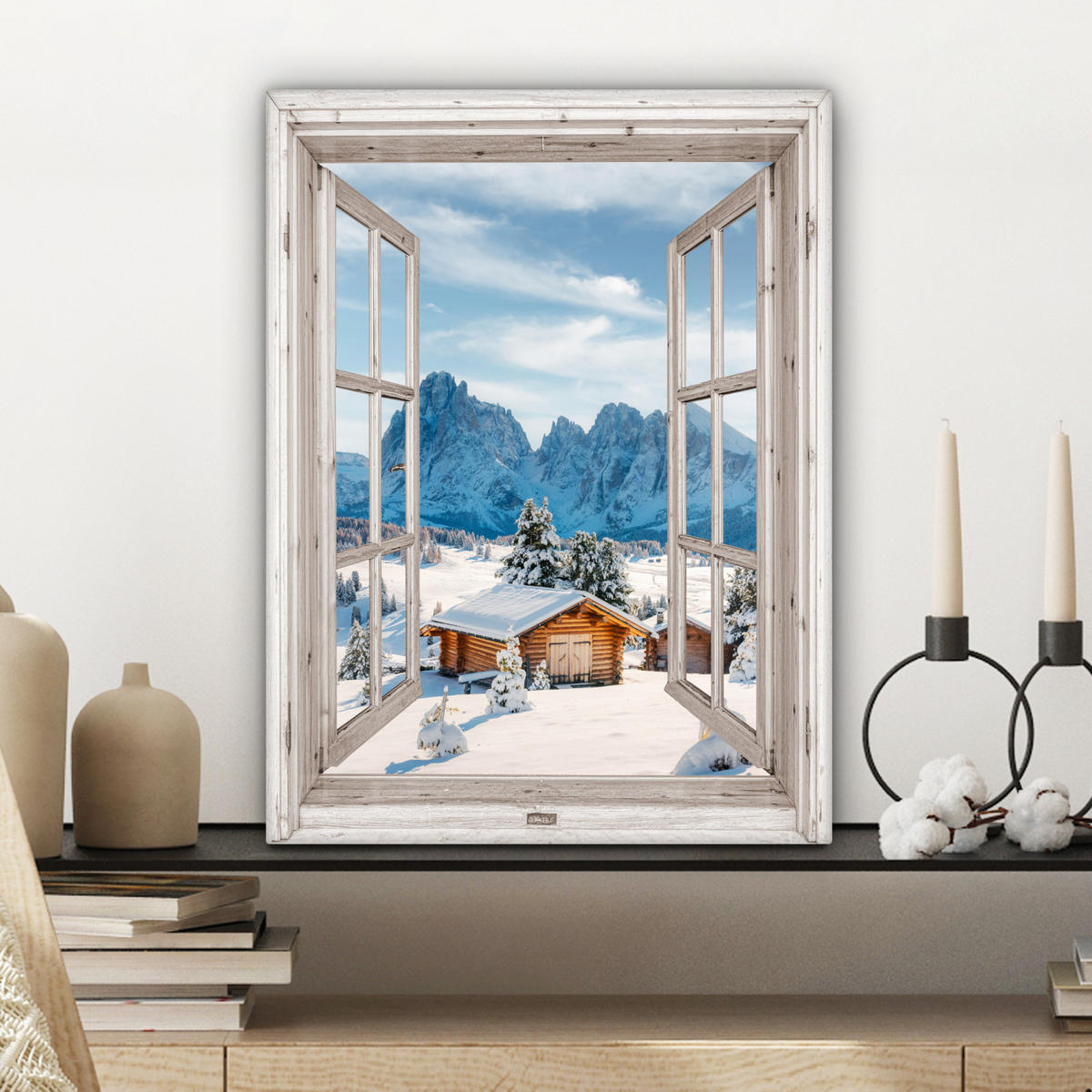 LEINWANDBILD Winterlandschaft - Hütte - Berge - Ausblicke - Aussicht - Natur Room Decor 30x40 cm - Weiß Hochglanz, Textil (30/40cm) - MuchoWow