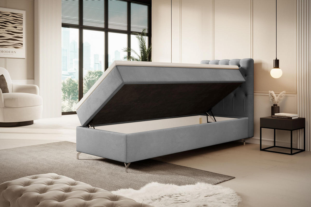 BOXBETT CHESTER mit Matratze H3, Bonell und Topper 90x200 Monolith 84 Rechts - Hellgrau, Textil (90/200cm) - Bedante