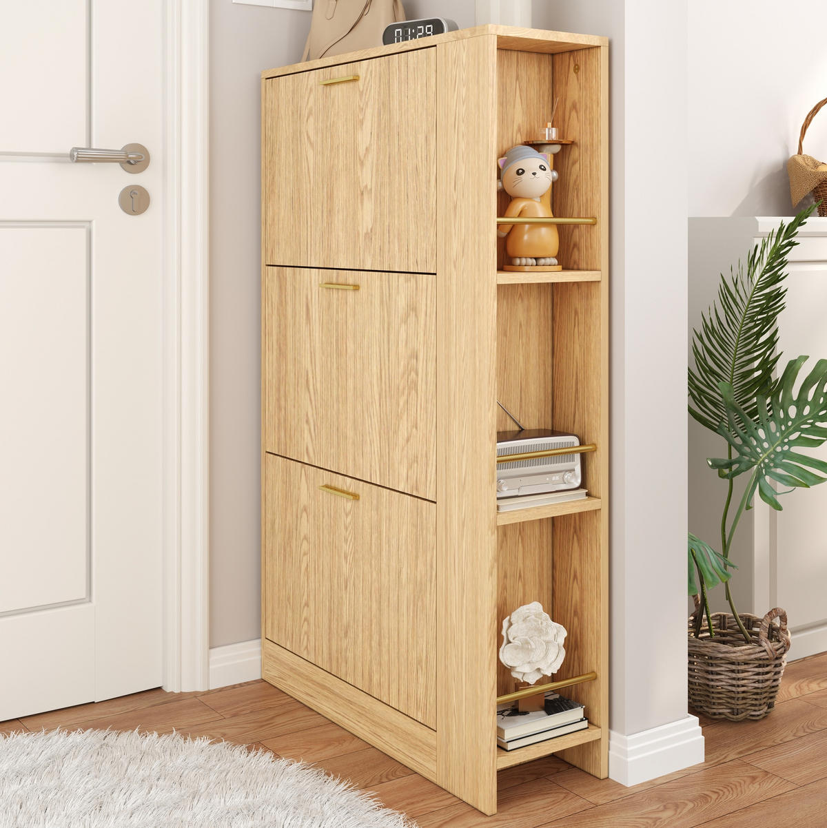 SCHUHSCHRANK 70/23,5/115 cm natur aus MDF mit 3 Türen und Fächern - Naturfarben, Holzwerkstoff (70/115/23.5cm) - OKWISH