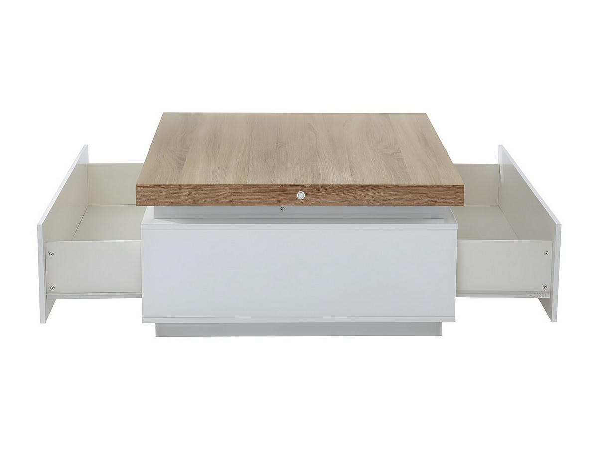 COUCHTISCH mit 2 Schubladen & LEDs - MDF lackiert - Weiß & Eichefarben - HALO II - Naturfarben, Holz (90/90/45cm) - Vente-Unique