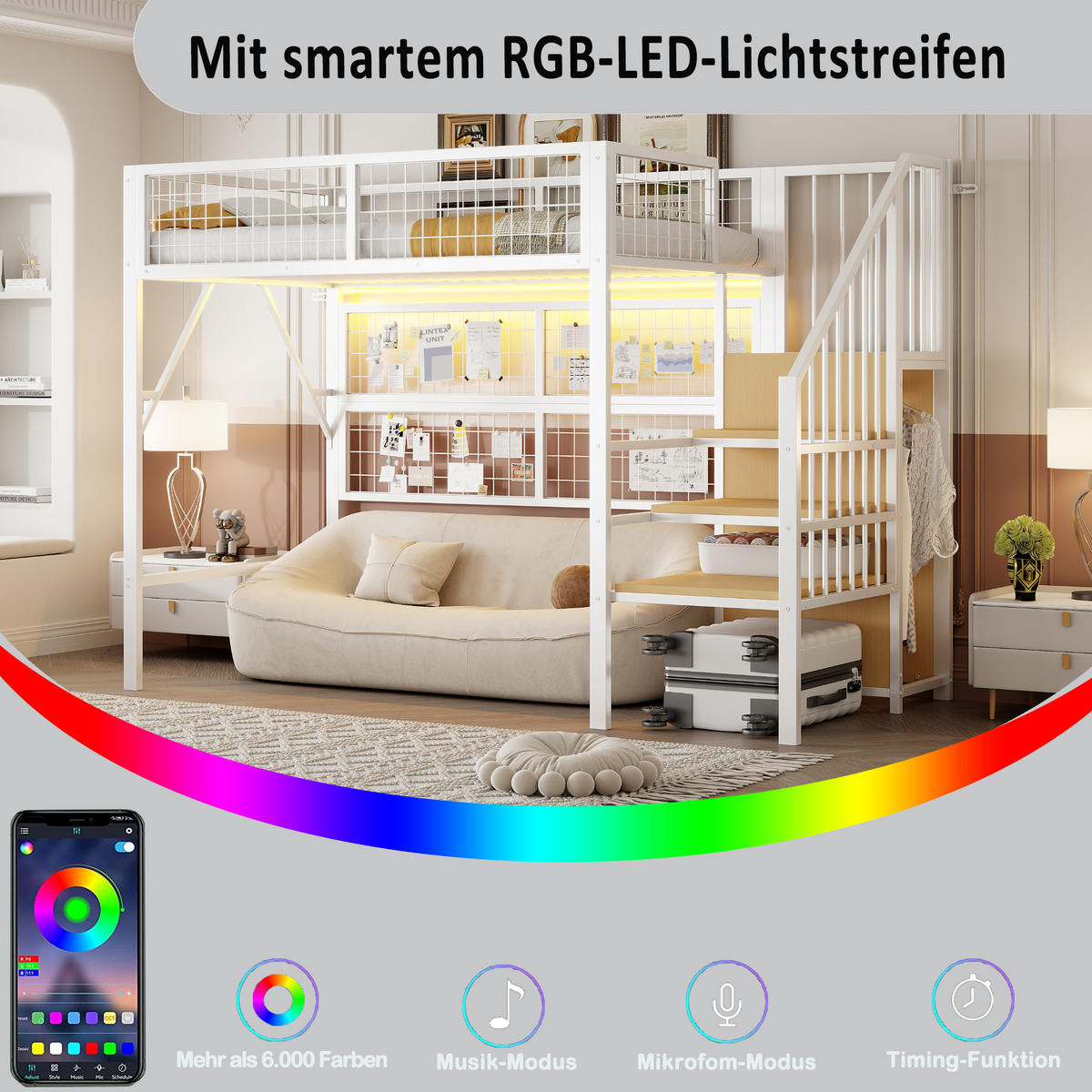 HOCHBETT 90/200 cm Weiß aus Metall mit Stauraumtreppe und LED-Beleuchtung - Weiß, Metall (90/200cm) - OKWISH