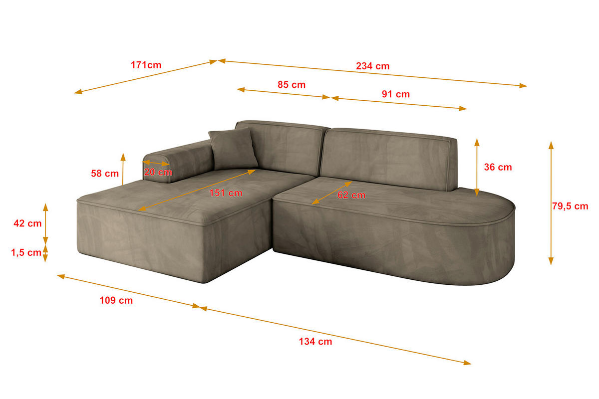 ECKSOFA Ottomane Links IREA-L1-v3 - 234x171x79 cm Braun - Braun, Holzwerkstoff/Textil (234/171cm) - ALTDECOR