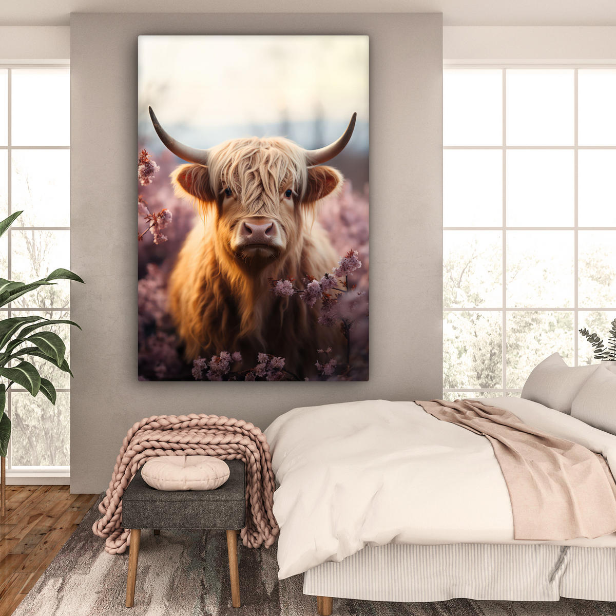 LEINWANDBILD Schottischer Hochländer - Frühling - Hochland Deko Groß 90x140 cm - Hellrosa, Textil (90/140cm) - MuchoWow