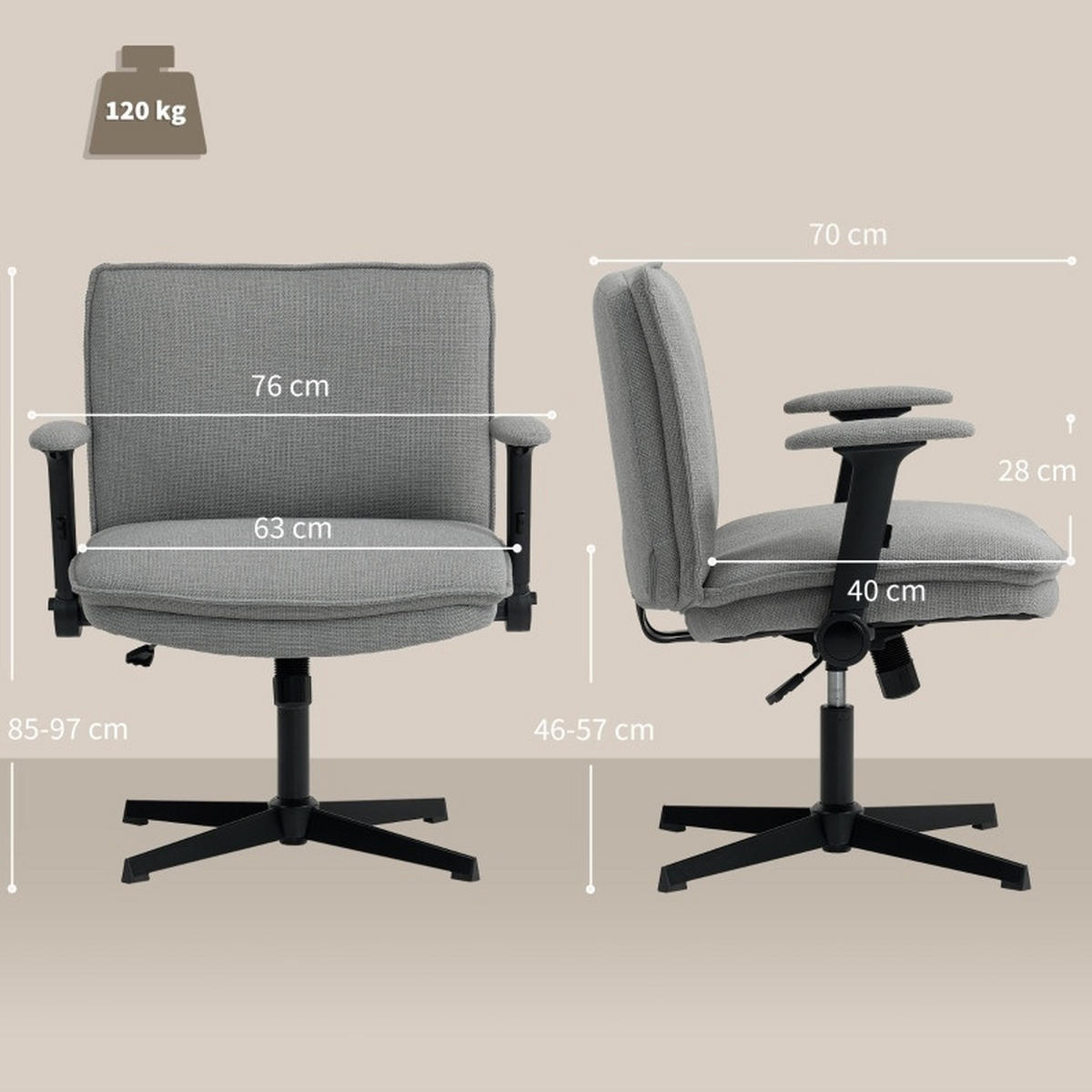 BÜROSTUHL mit klappbaren Armlehnen höhenverstellbar 76 x 70 x 85-97 cm Grau - Grau, Kunststoff (70/97/76cm) - Meubliv