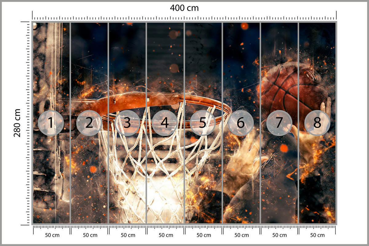 FOTOTAPETE für Jugendzimmer Aquarell Basketball Dunk Sport 400x280 - Beige/Schwarz, Papier (400/280cm) - Muralo